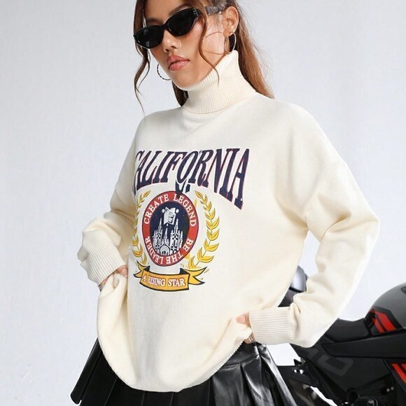 Beige Casual Womens Letter Graphic Turtleneck Drop Shoulder Sweater - Picture 2 of 5